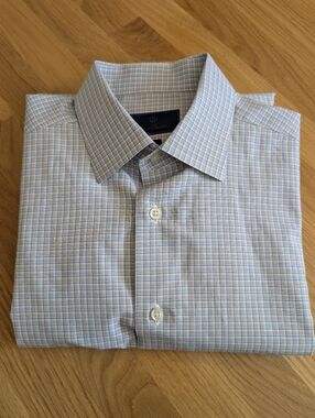 David Donahue Men's Blue Plaid Dress Shirt Size 17x36/37